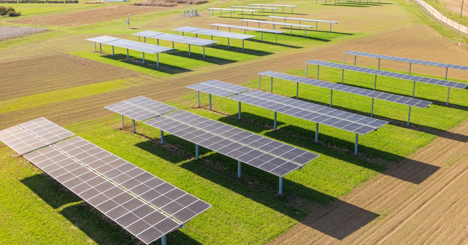 Aerial of a Rutgers agrivoltaics research array in New Jersey
